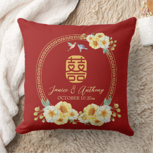 Coussin Mariage chinois cadre rouge floral oiseau