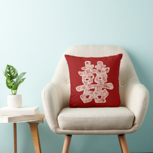 Coussin Mariage chinois double bonheur papier floral coupé