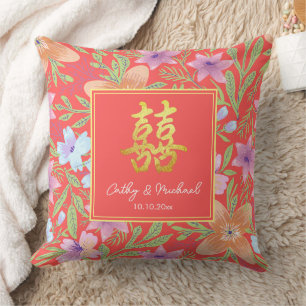 Coussin Mariage chinois double xi Peranakan floral rouge