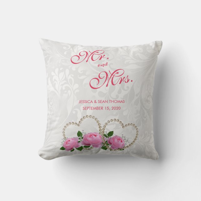 Coussin Mariage Damassé Perles Cœurs & Roses (Recto)