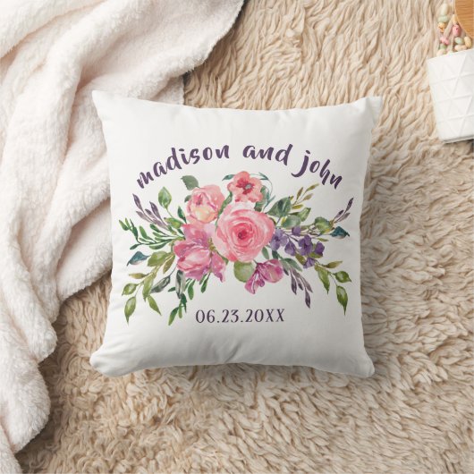 Coussin Mariage Date Lavande Et Bouquet Floral Rose (Couverture)