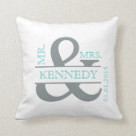 Coussin Mariage de conservation de monogrammes per<br><div class="desc">Personnalisé Monogramme garde mariage ou coussin d'anniversaire en gris et turquoise ou en vert menthe ou en typographie sur un arrière - plan blanc sur l'avant et Turquoise Mint Green arrière - plan sur l'arrière pour lancer carré oreillers et coussins. Customisez avec le nom de famille de la mariée et...</div>