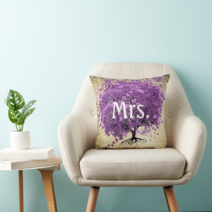 Coussin Mariage de feuille d'arbre de coeur violet radiant