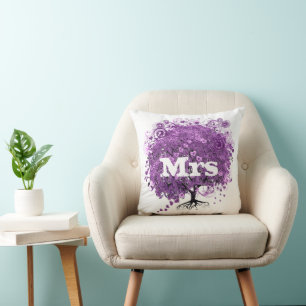 Coussin Mariage de feuille d'arbre de coeur violet radiant