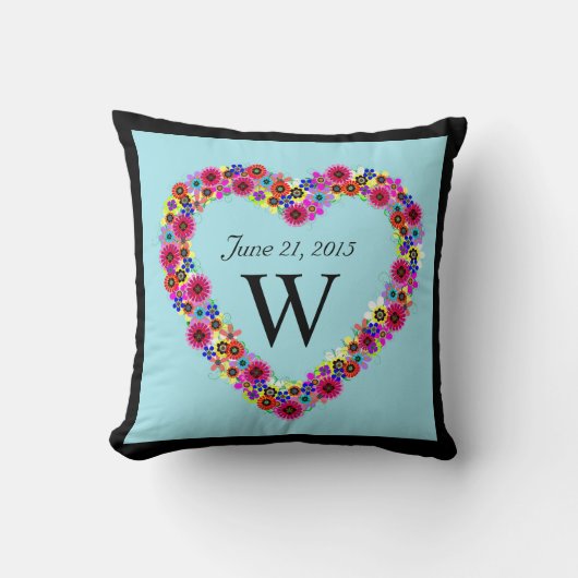 Coussin Mariage du coeur floral monogramme Date (Recto)