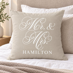 Coussin Mariage élégant beige M et Mme en écriture