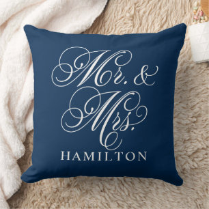 Coussin Mariage élégant Navy Monsieur et Madame Script