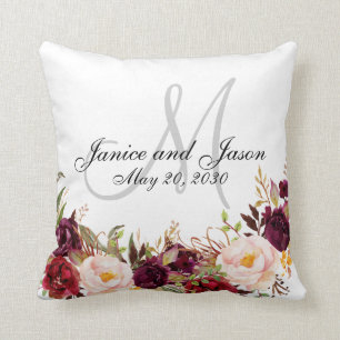 Coussin Mariage floral de monogramme de blanc gris de