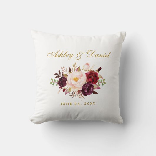 Coussin Mariage floral d'or de Bourgogne d'aquarelle (Recto)