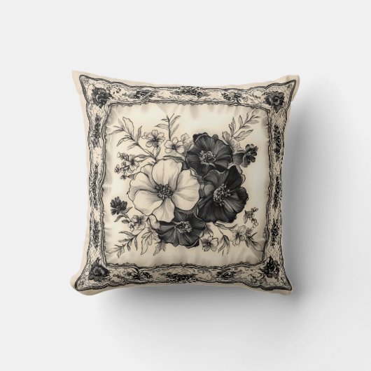 Coussin Mariage floral noir et ivoire (Recto)