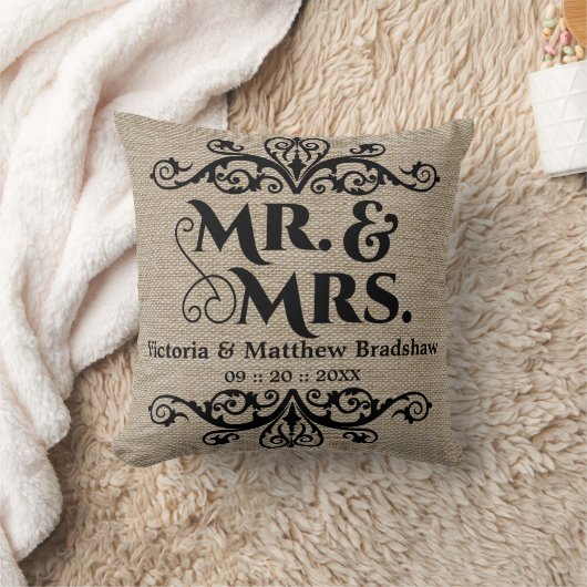 Coussin Mariage M. et Mme. Aspect Burlap Rustique (Couverture)