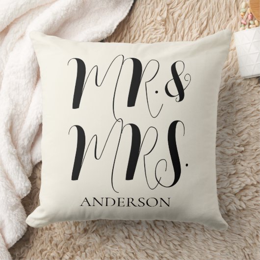 Coussin Mariage Moderne Cream Mr et Mrs Script (Couverture)