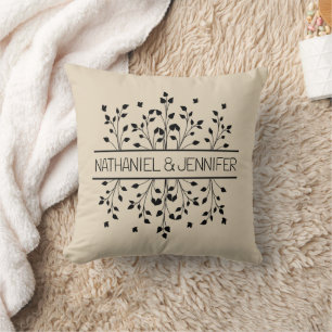 Coussin Mariage Monogramme Cadre Floral Brun & Noir