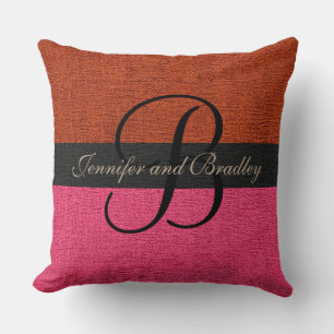 Coussin Mariage Monogramme élégant en brique rouge et rose