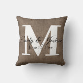 Coussin Mariage Nom de Famille Monogramme Lin Brun Rustiqu (Verso)