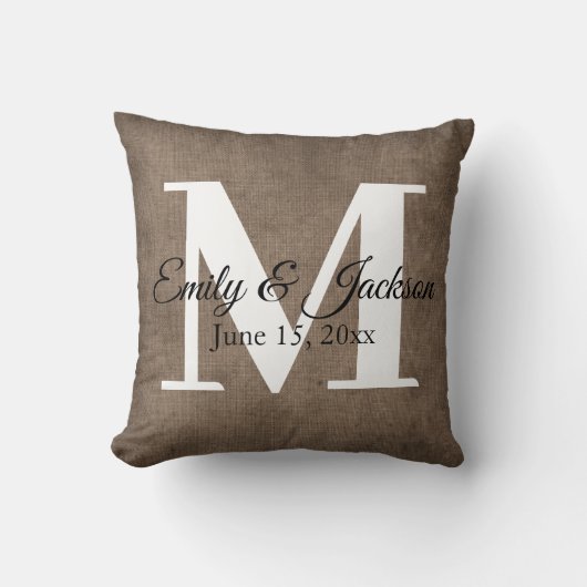 Coussin Mariage Nom de Famille Monogramme Lin Brun Rustiqu (Recto)