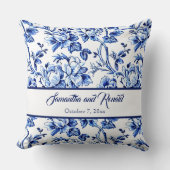 Coussin Mariage personnalisé bleu et blanc à motif toile d (Recto)