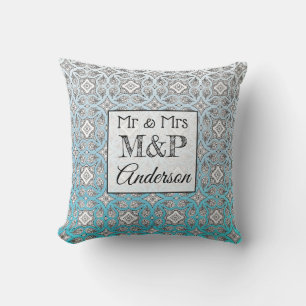 Coussin Mariage personnalisé en mandala bleu et no