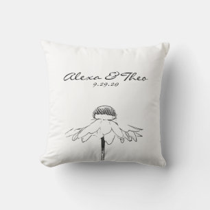 Coussin Mariage personnalisé minimaliste floral noir et bl