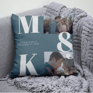 Coussin Mariage photo minimaliste moderne Gras Monogramme