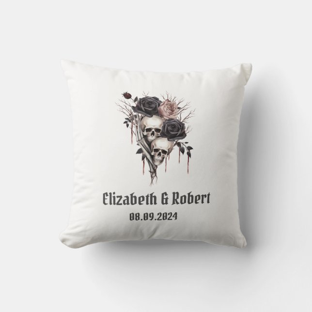 Coussin Mariage Roses Noires Gothiques de Crânes  (Recto)