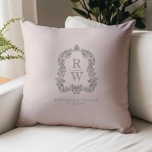 Coussin Mariage Vintage Blason Monogramme Noms Rose Pâle