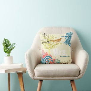 Coussin Mariée Damassé sarcelle Oiseau de l'amour Cage à o