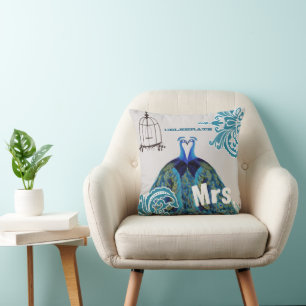 Coussin Mariée Thé Kissing Love Birds Paon Cage à oiseaux