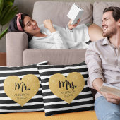 Coussin Mariés Élégant Cœur Doré Rayures Noires