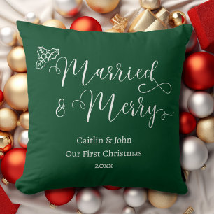 Coussin Mariés et Joyeux Premier Noël Jeune Marié Vert