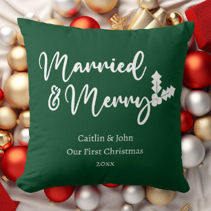 Coussin Mariés et Joyeux Premier Noël Jeune Mariée Vert