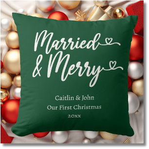 Coussin Mariés et Joyeux Premier Noël Jeune Mariée Vert