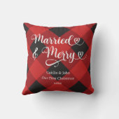Coussin Mariés, Joyeux 1er Noël Jeune Mariée Rouge Carreau (Verso)