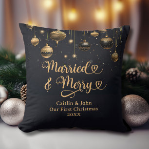 Coussin Mariés Joyeux 1er Noël Nouveaux Mariés Or Noir