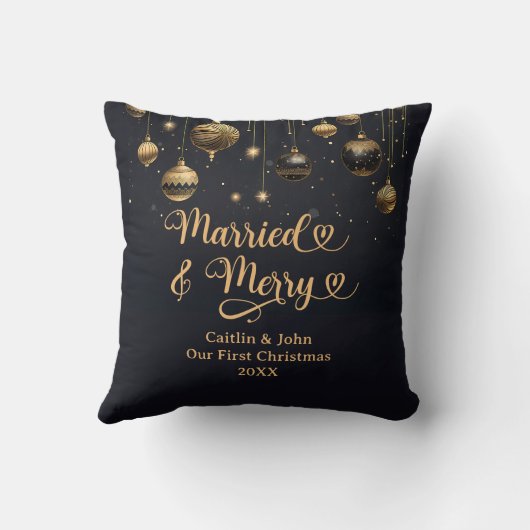 Coussin Mariés Joyeux 1er Noël Nouvellement Mariés Or Noir (Verso)