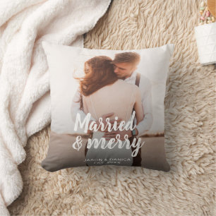 Coussin Mariés & Joyeux Noël de mariage Photo de remerciem