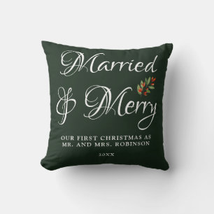 Coussin Mariés & Joyeux Notre premier Noël Vert forêt