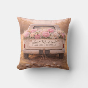 Coussin Mariés tout juste Camion Vintage Fleurs Roses Mari