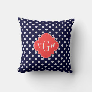 Coussin Marine Blanc Pois Coral Quatrefoil 3 Monogramme