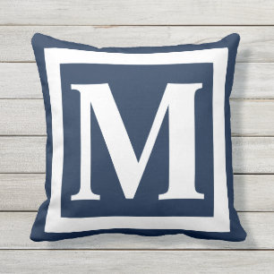 Coussin Marine Bleu Blanc Gras Monogramme initial