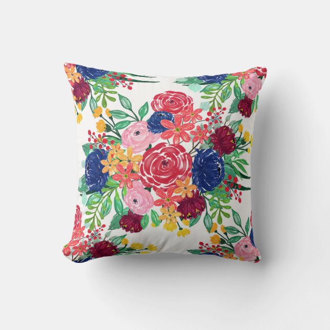 Coussin Marine bleu et rouge aquarelle boho chic Fleurs (Recto)