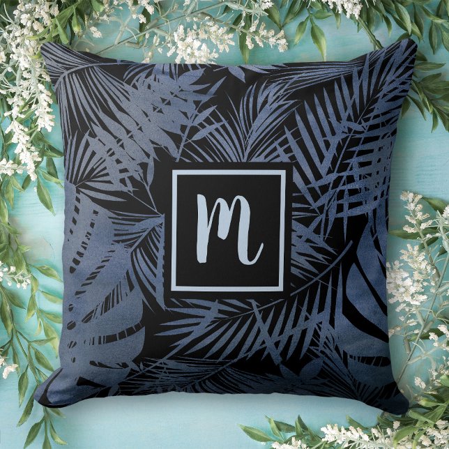 Coussin Marine bleu feuille de palmier tropical, chic mono (Choose from 6 colors!)