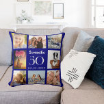Coussin Marine bleu photo collage d'anniversaire<br><div class="desc">Un cadeau unique pour un 21ème anniversaire,  célébrant sa vie avec un collage de 8 de vos propres photos,  photos. Personnalisez et ajoutez son nom,  son âge et une date. Un fond bleu marine,  texte blanc. Le nom est écrit avec un script de style moderne écrit à la main.</div>