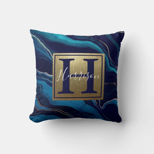 Coussin Marine Blue Agate Marbre Gold Nom et Monogramme (Recto)