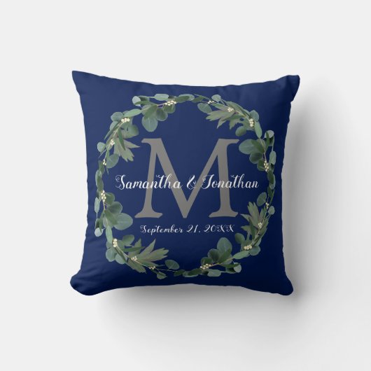 Coussin Marine Blue Eucalyptus Monogram Mariage Keepsaké (Recto)