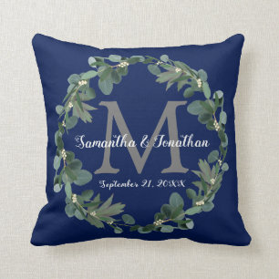 Coussin Marine Blue Eucalyptus Monogram Mariage Keepsaké