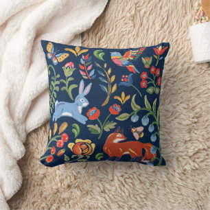 Coussin Marine Blue Folk Art Woodland Animal Floral Décor