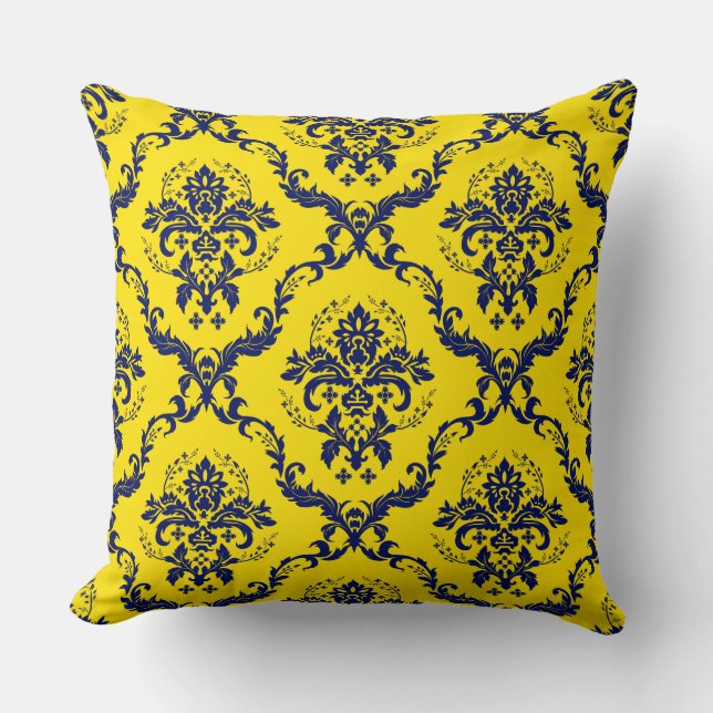 Coussin Marine Blue & Jaune Vintage Floral Damas (Recto)