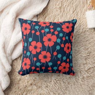 Coussin Marine Blue Red Poppy Photos florales sans soudure