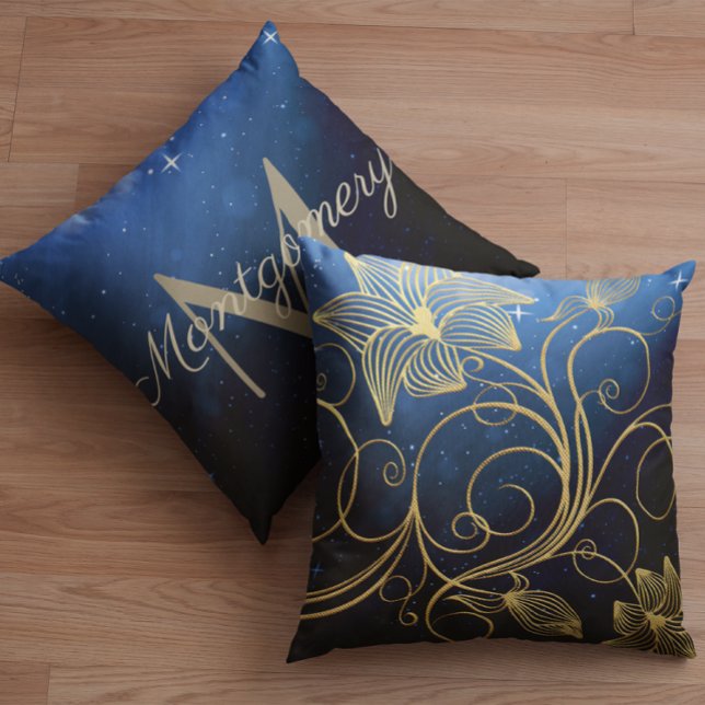 Coussin Marine Blue Starry Galaxy Gold Floral Monogramme N (Créateur téléchargé)